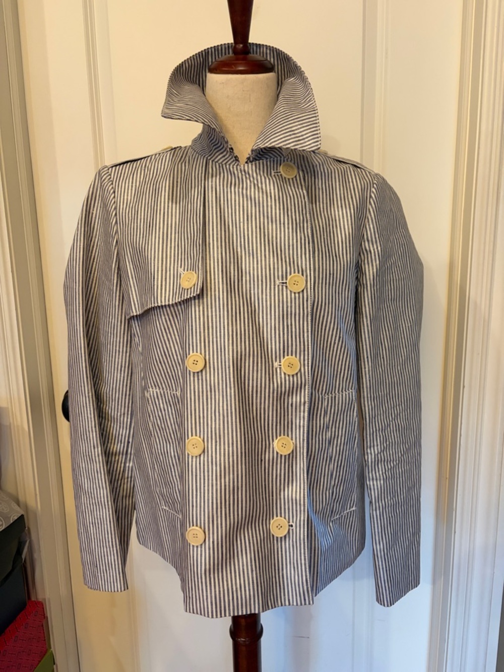 J. Crew Collection Navy and White Striped Shirt Jacket
